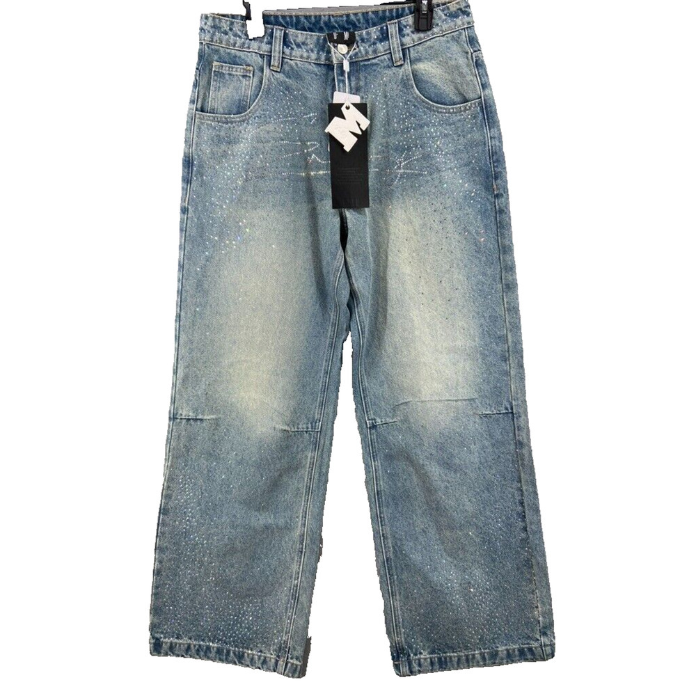 NWT MEDM Mr Enjoy Da Money Jeans Womens XXL 36W Wide Leg Rhinestone Denim Fading